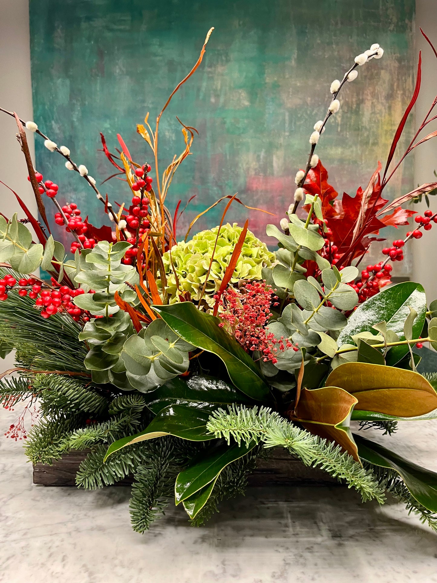 Arreglo Floral Navidad en Base de Tronco de Madera