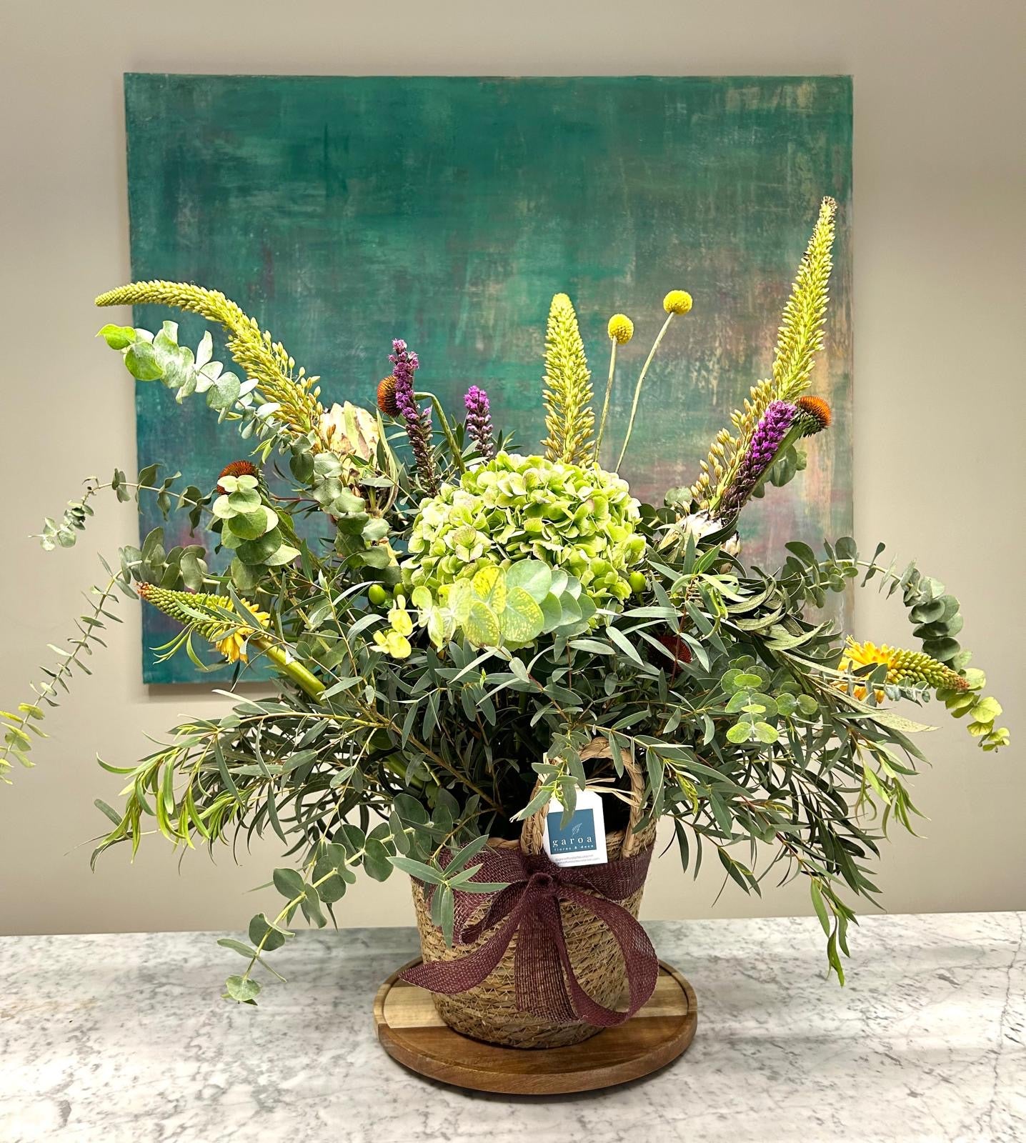 Arreglo floral con Hortensia y Amaranthus